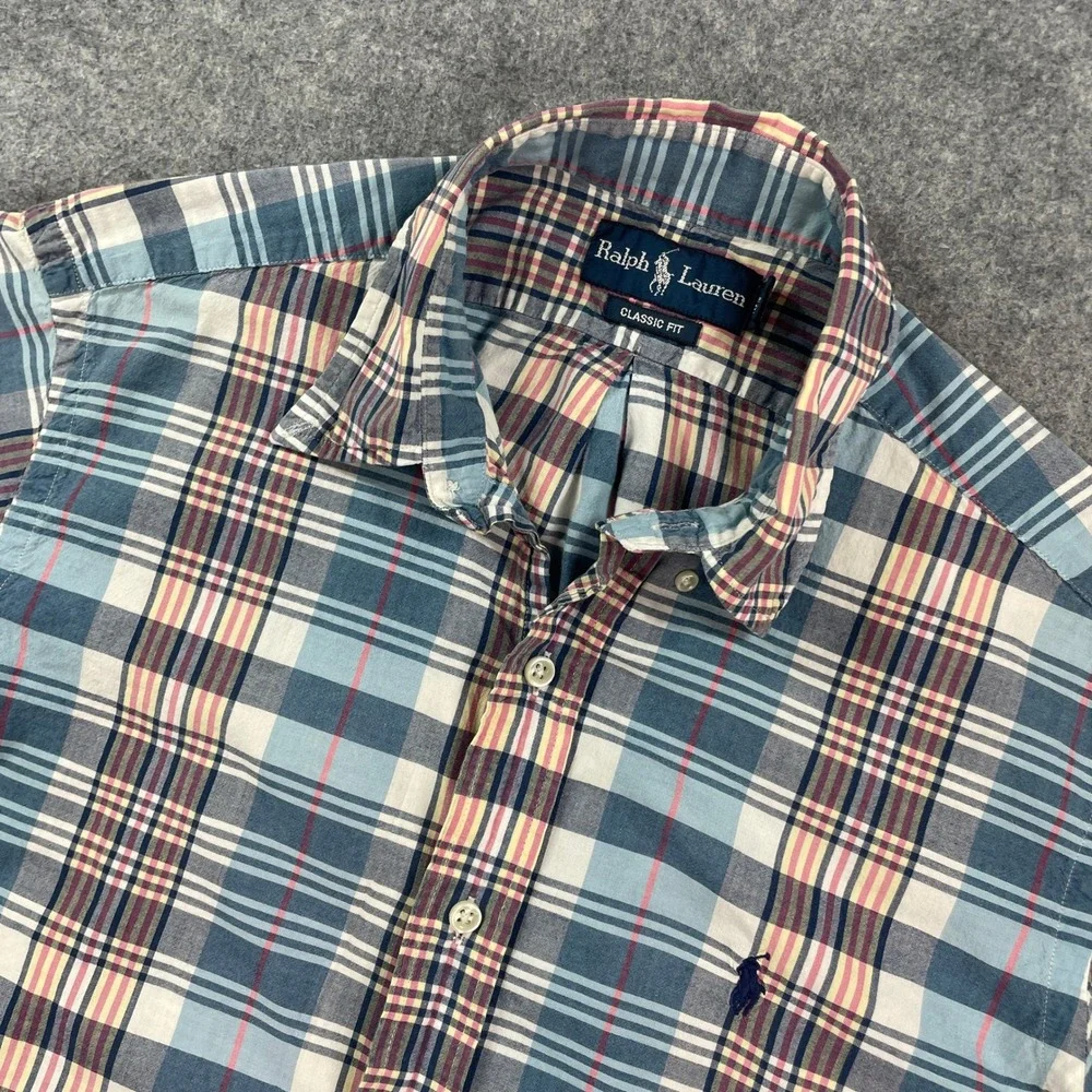 Ralph Lauren Youth Boys Button Down Shirt M Blue Plaid Short Sleeve Classic Fit
